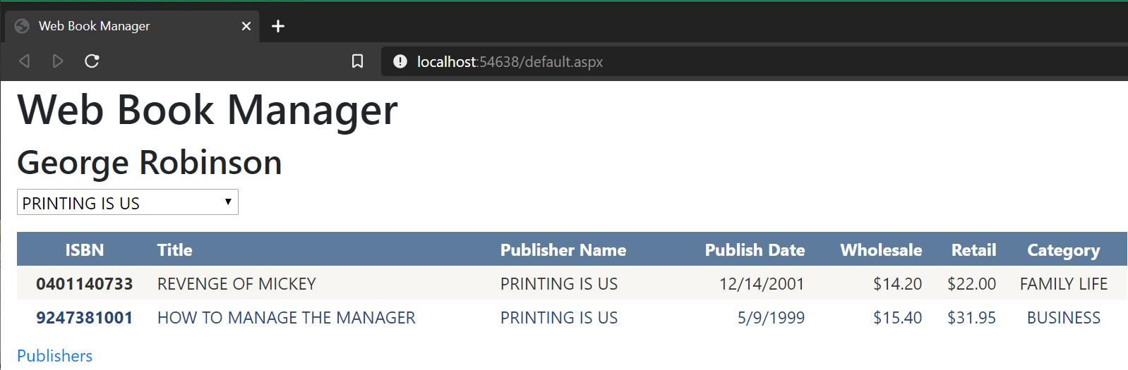 Browser running the book manager database website.