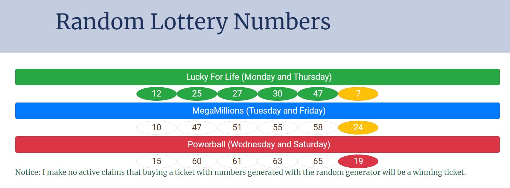 Snapshot of page that generates lotto numbers.