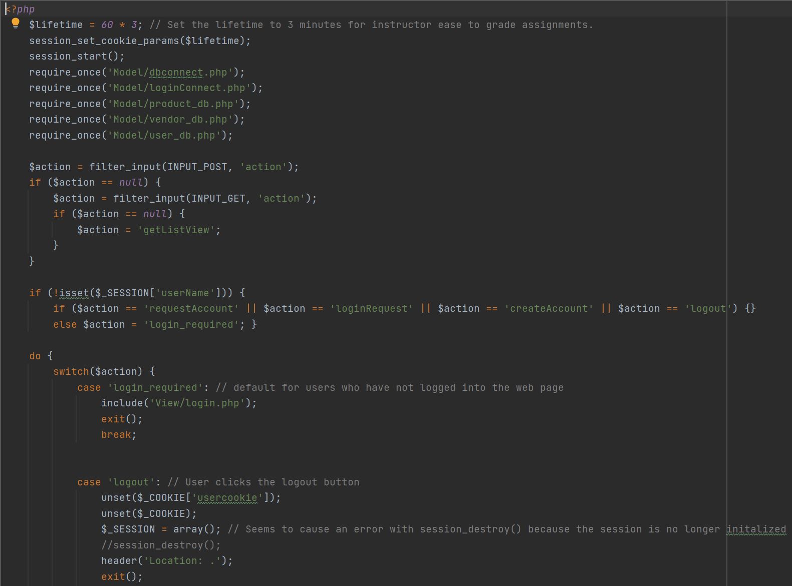 Snapshot of PHP code for the PHP page controller.